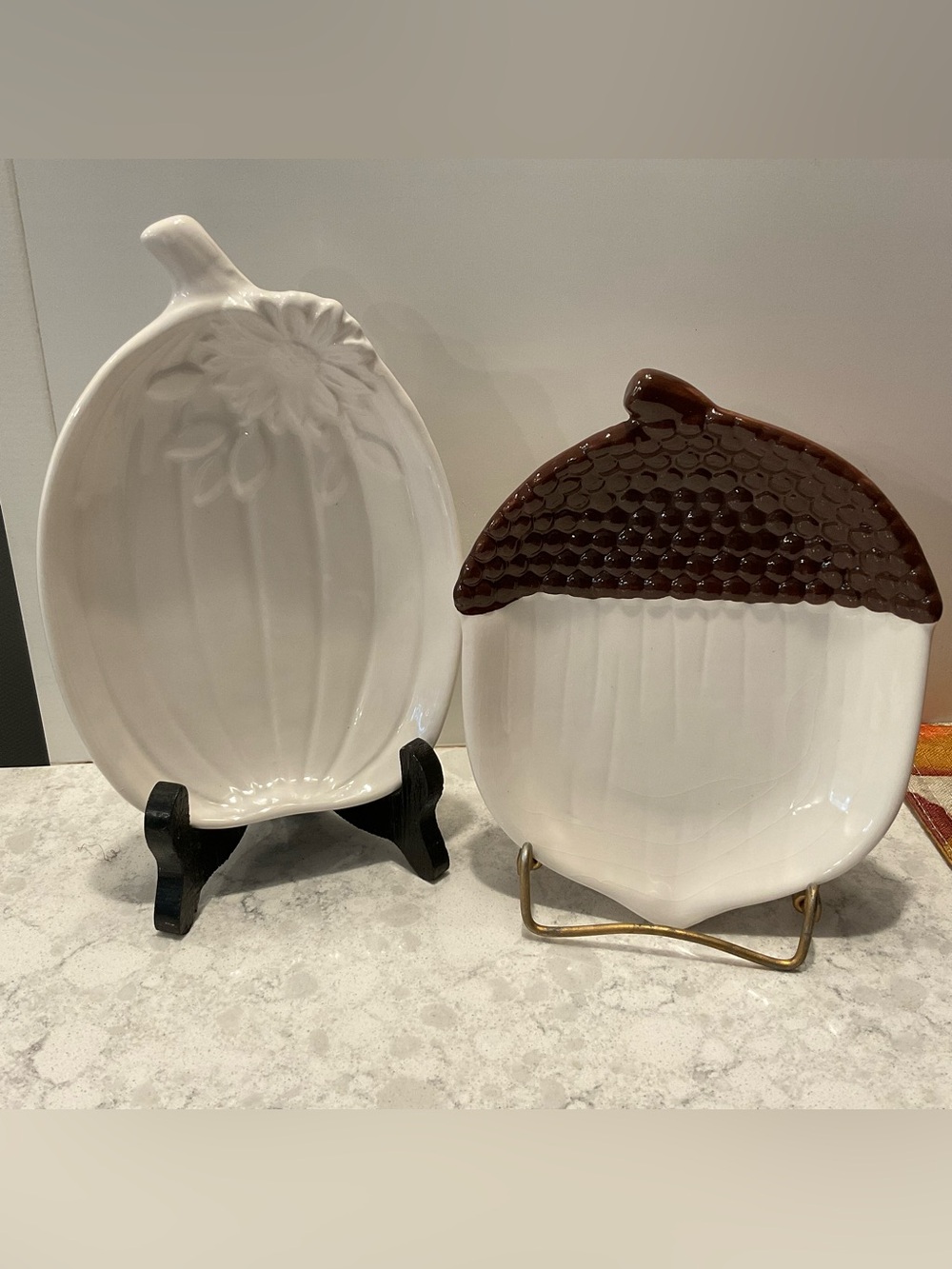 Two Fall Pumpkin and Acorn Novelty/Trinket Plates - White and Brown